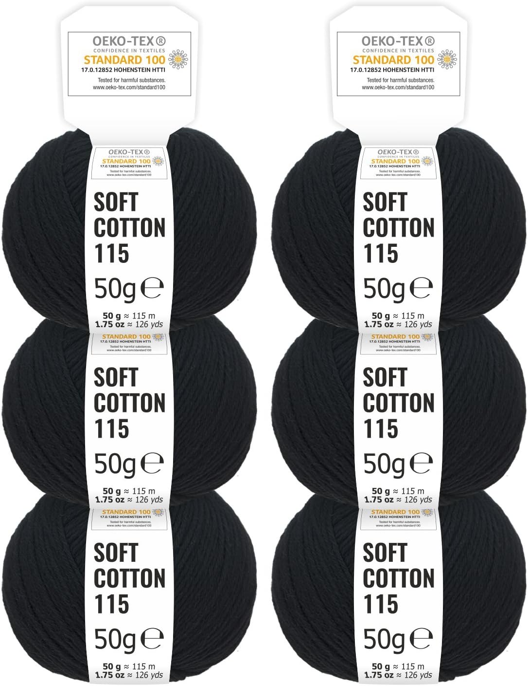 100% Cotton Wool in 14 Colours - 300g Set (6 x 50g) - Oeko Tex Standard 100 certified wool for knitting and crochet by fairwool - black