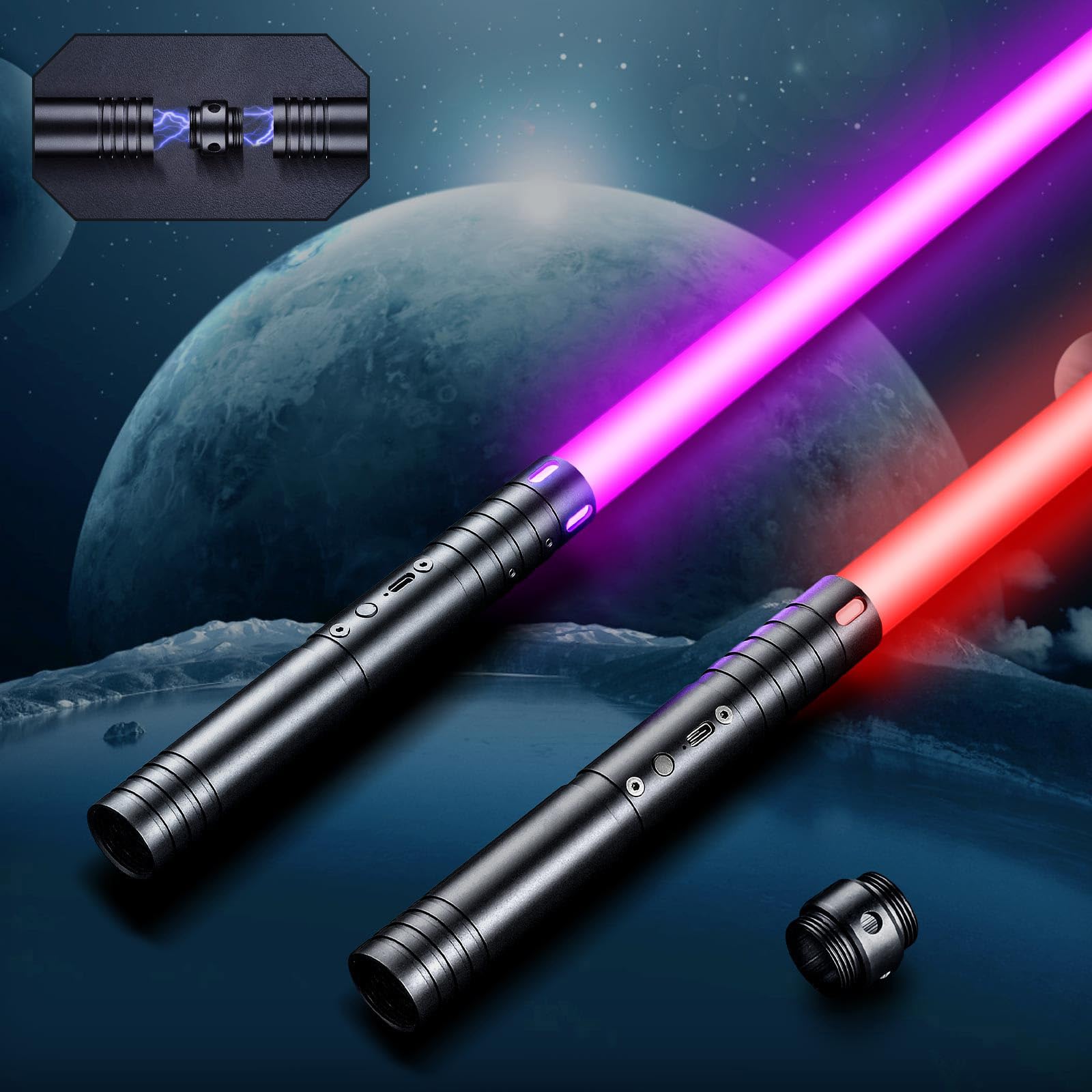 Lightsaber, Dueling Metal Hilt 15 Colors Changeable Light Saber, USB Rechargeable Lightsabers with Metal Handle, Kids and Adults Cosplay Party Gifts. Lightsaber (60cm x 2 PC Black) — image 1
