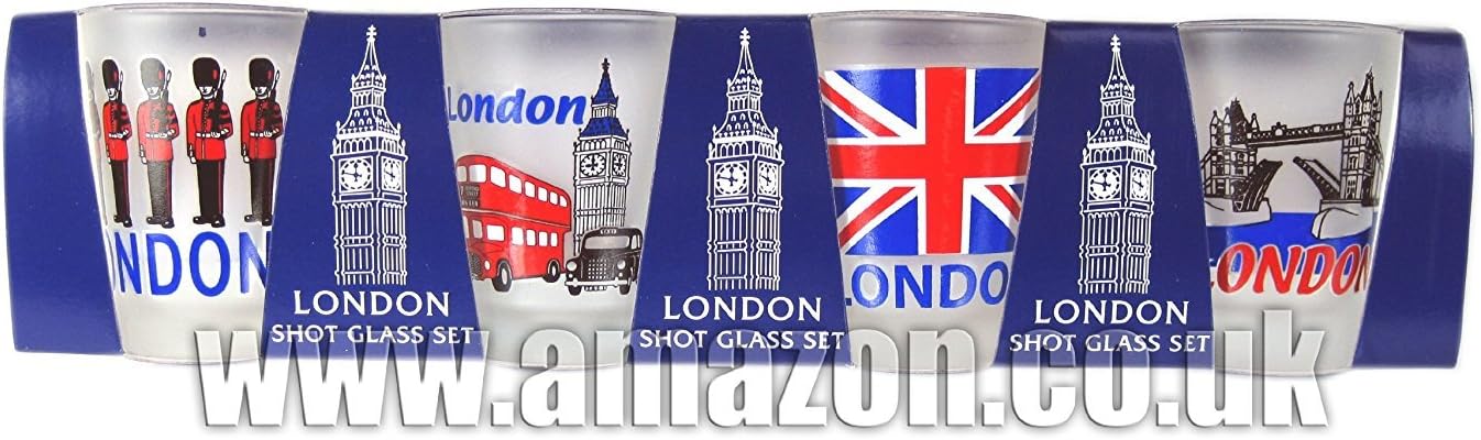 Frosted Shot Glasses - London Icons Including Guards, Tower Bridge, Union Jack Printed Shot Glass Set, London Collectable Souvenir