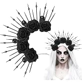 AUOCATTAIL Gothic Halo Crown Flower Headband Black Rose Skeleton Sunburst Spike Flower Skull Crown Headpiece for Women Halloween Day of The Dead Costume Hair Accessory
