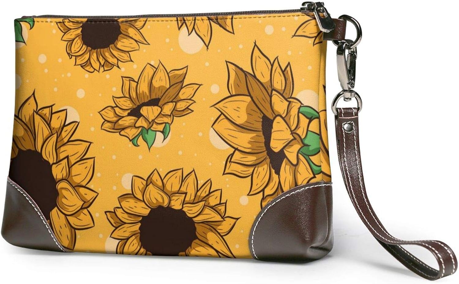 Leather Wristlet Clutch Bag Sunflower2 With Wristlet Strap Wallet Zip
