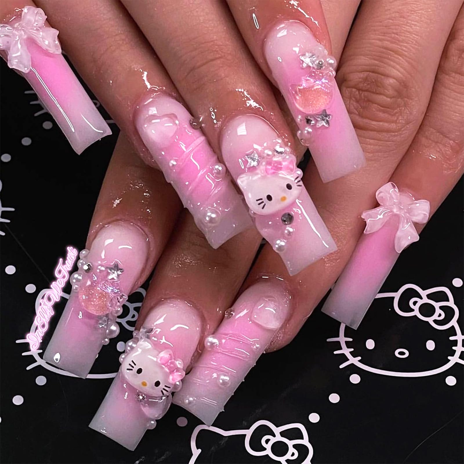 24PCS French Pink Kitty Press on Nails,Cute Kawaii 3D False Nails,Cartoon Y2K Long Length with Pearl and Bow Design,Trapezoid Coffin Fake Nails,Glossy and Full Cover Acrylic Nails for Women