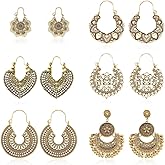 ANATTASOUL 6 Pairs Vintage Bohemian Drop Dangle Earrings for Women Gold Retro Tribal National Style Hollow Earrings Set Petal Heart Shaped Bohemian Tribal Hoop Spiral Earring Boho earrings