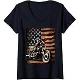 Womens Motorcycle USA Flag Retro Biker V-Neck T-Shirt