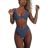 geluboao Bikini Set for Women Solid V Neck Knot Front Push Up High Leg Thong Two Piece Swimsuit