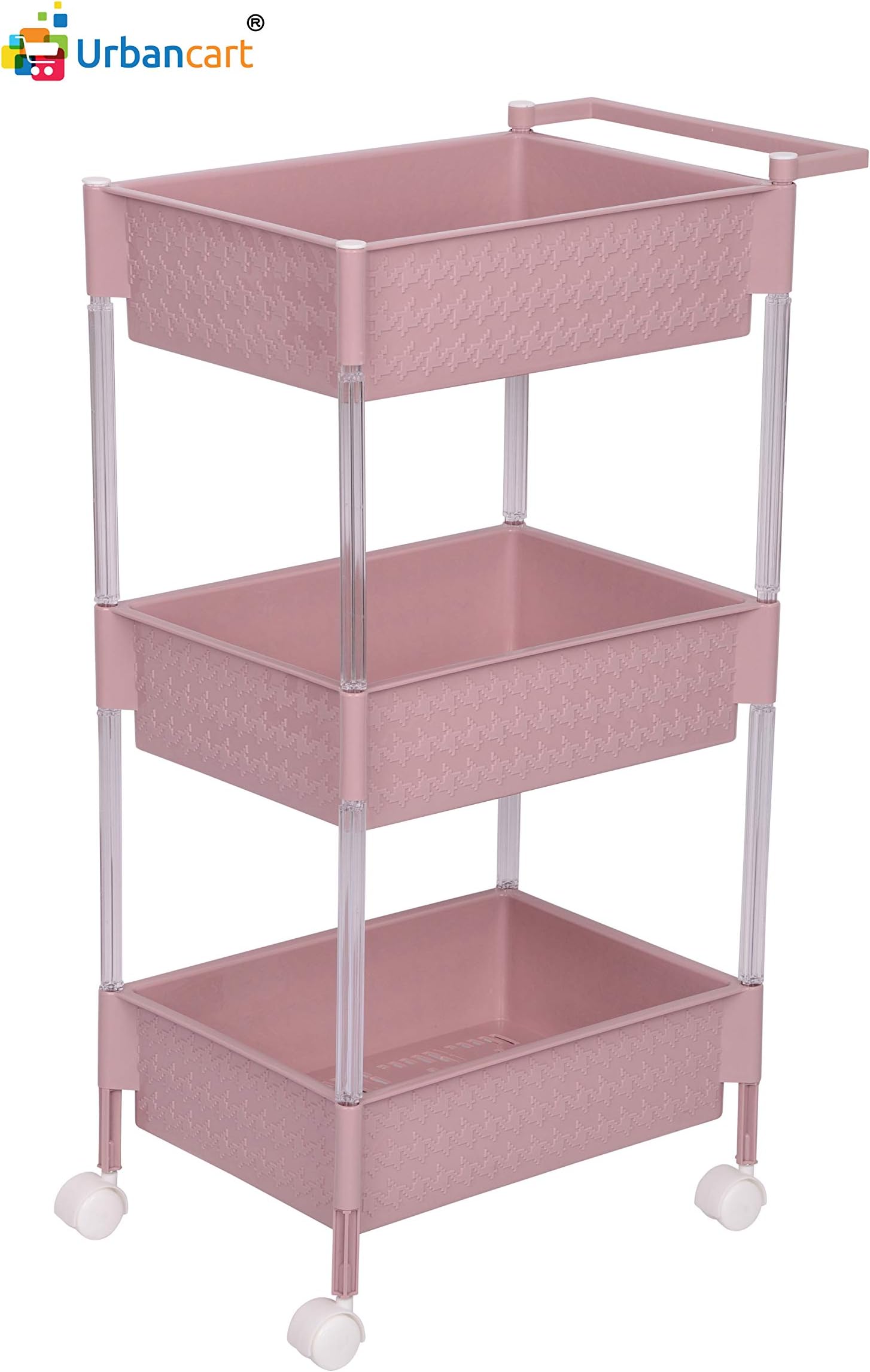 Urbancart® Multi Purpose Plastic Kitchen Trolley for Fruits & Vegetables Storage Organizer with Wheels (Peach) (3 Tier)