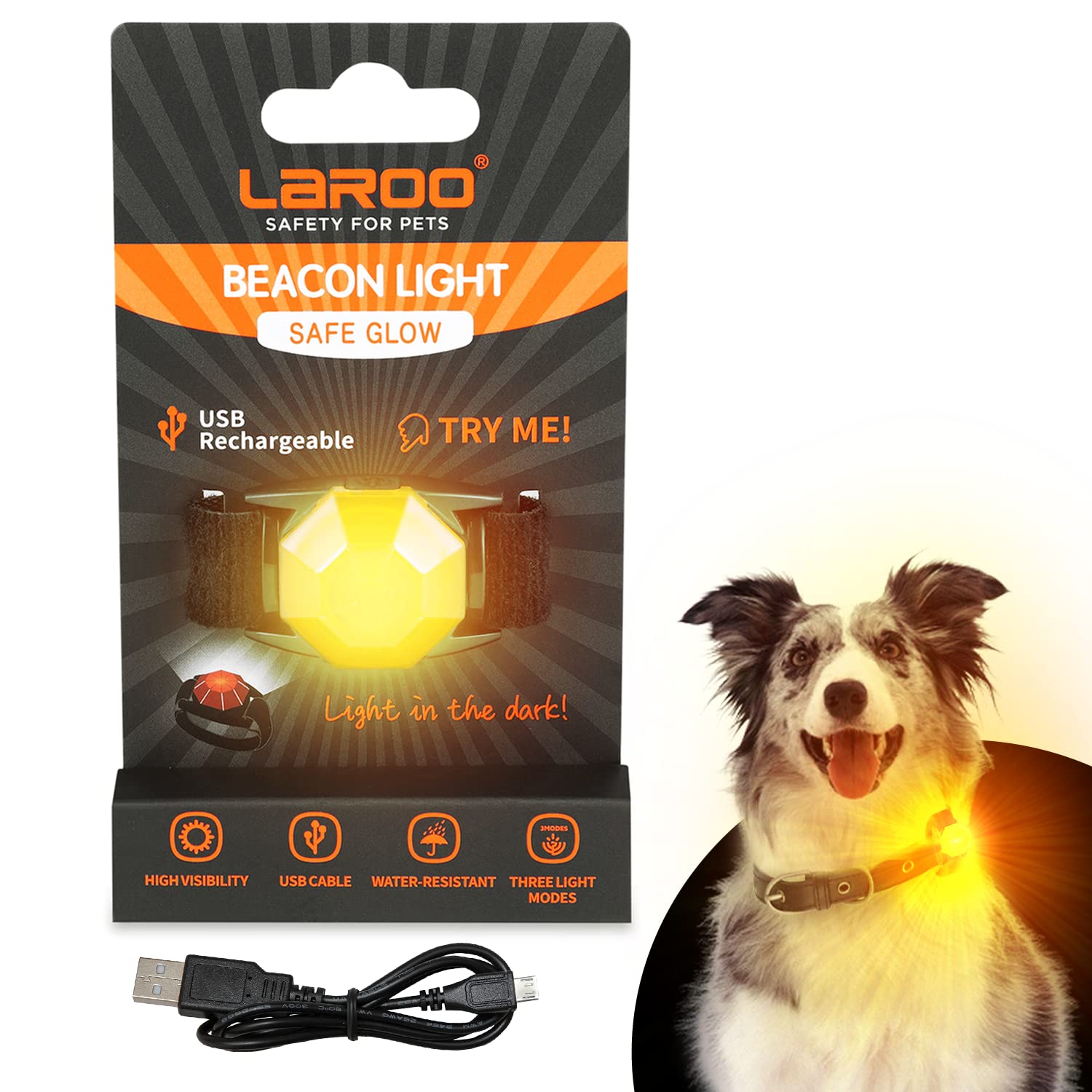 LaRoo Dog Lights for Night Walking,USB-C Rechargeable Safety Lights，Only 16g for Small Dogs, 3 Modes Waterproof LED Collar Charm for Nighttime Running,Pet Camping Essentials(Yellow)