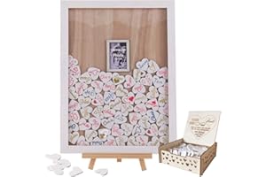 Wedding Guest Book, Y&K Homish Drop Top Frame Sign Book with 100PCS Wooden Hearts, Rustic Wedding Decorations and Gift (White Wooden Frame + Picture/ Photo)