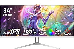 Gawfolk 34 Inch IPS Ultrawide 120Hz Gaming Computer Monitor, 21:9 UWFHD (2560x1080) PC Screen, 120% sRGB, Adaptive Sync, 178° Viewing Angle, Display Port, HDMI, Compatible with Wall mounting - White