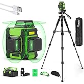 Huepar Laser Level 360 with Tall Tripod Self Leveling Rechargeable HM03CGT | 50" Tripod, 8‑hour Battery Life, USB‑C Charging, For Construction and Hanging Picture, Pluse Mode, Hard Carry Case, Glasses