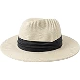 AQOKKA Summer Straw Fedora Hat for Women Men Travel Panama Hat with Wide Brim Roll Up Sun Hat for Beach Outdoor UPF 50+