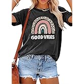 YEXIPO Womens Graphic Tees Short Sleeve Summer Tops Funny Letter Print Crew Neck Casual Loose Cute T Shirts