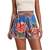 RoseSeek Women's Boho Floral Summer Shorts High Waisted Wide Leg Tropical Holiday Vacation Shorts