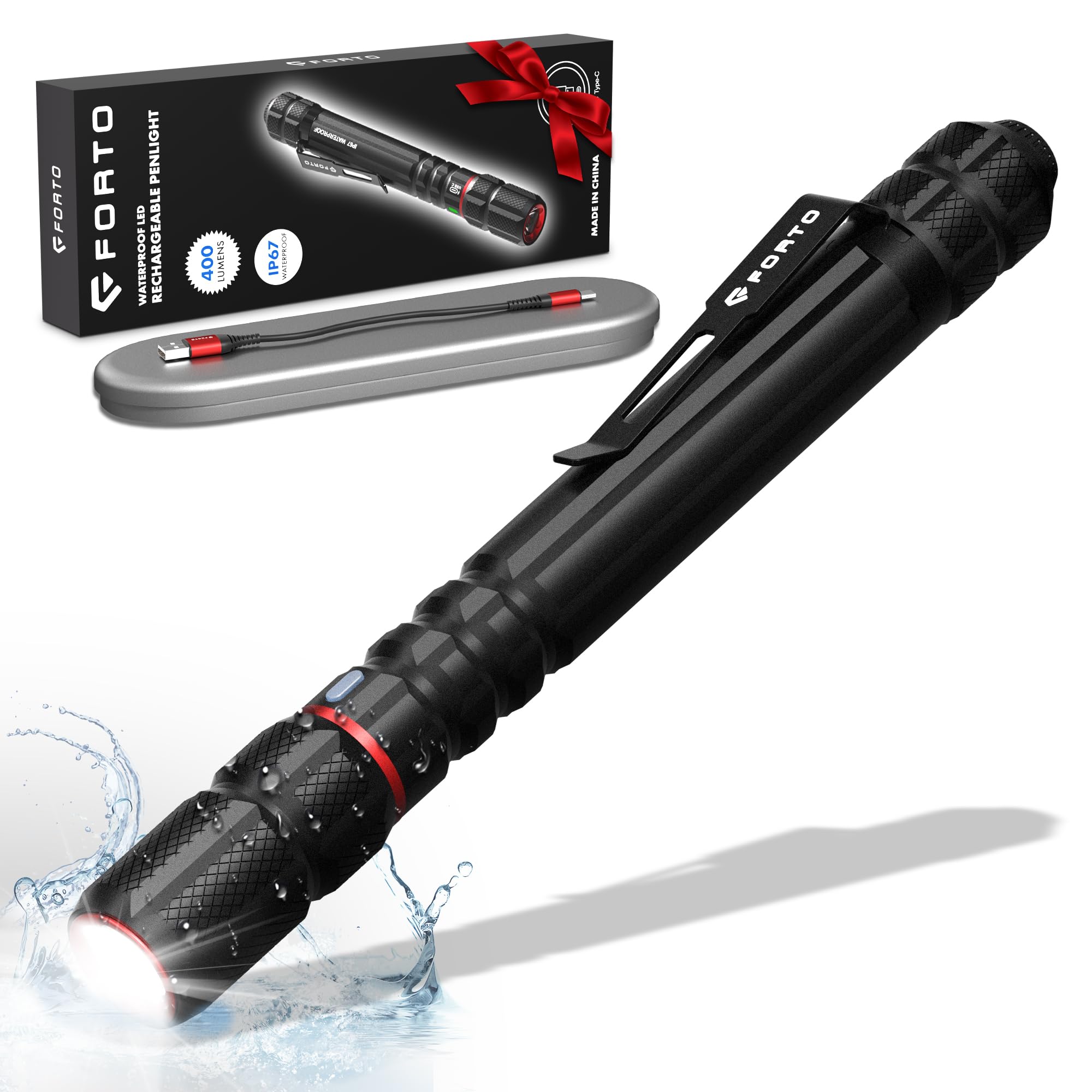 Photo 1 of FORTO Rechargeable Pen Light Flashlight, 400 Lumens Small Pocket Flashlight with Clip, IP67 Waterproof, 2 Light Modes, 3-Color Battery Indicator, Type-C Charging, for Inspection,Emergency?1 Pack?