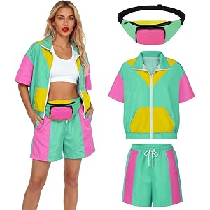 SOMSOC 3 Pieces 80s Tracksuit for Women Windbreaker Short Set with Fanny Pack Color Block Outfits for 80's 90's Party Costume