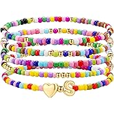 M MOOHAM Valentines Gifts for Kids - 5PCS Colorful Beaded Initial Bracelets for Girls Women Cute Stretch Heart Letter Bracelet Initial Stackable Bracelet Birthday Gift Jewelry for Kids Teen Girl