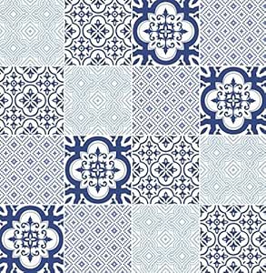 Papel pintado de baldosas de vinilo lavable Cocina Baño Blanco Azul