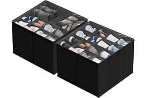 SUOCO 2 Pack Shoe Organizer for Closet, Fits up to 32 Pairs, Small Space Shoe Storage Boxes Bins Containers w/Adjustable Dividers and Clear Top, Black