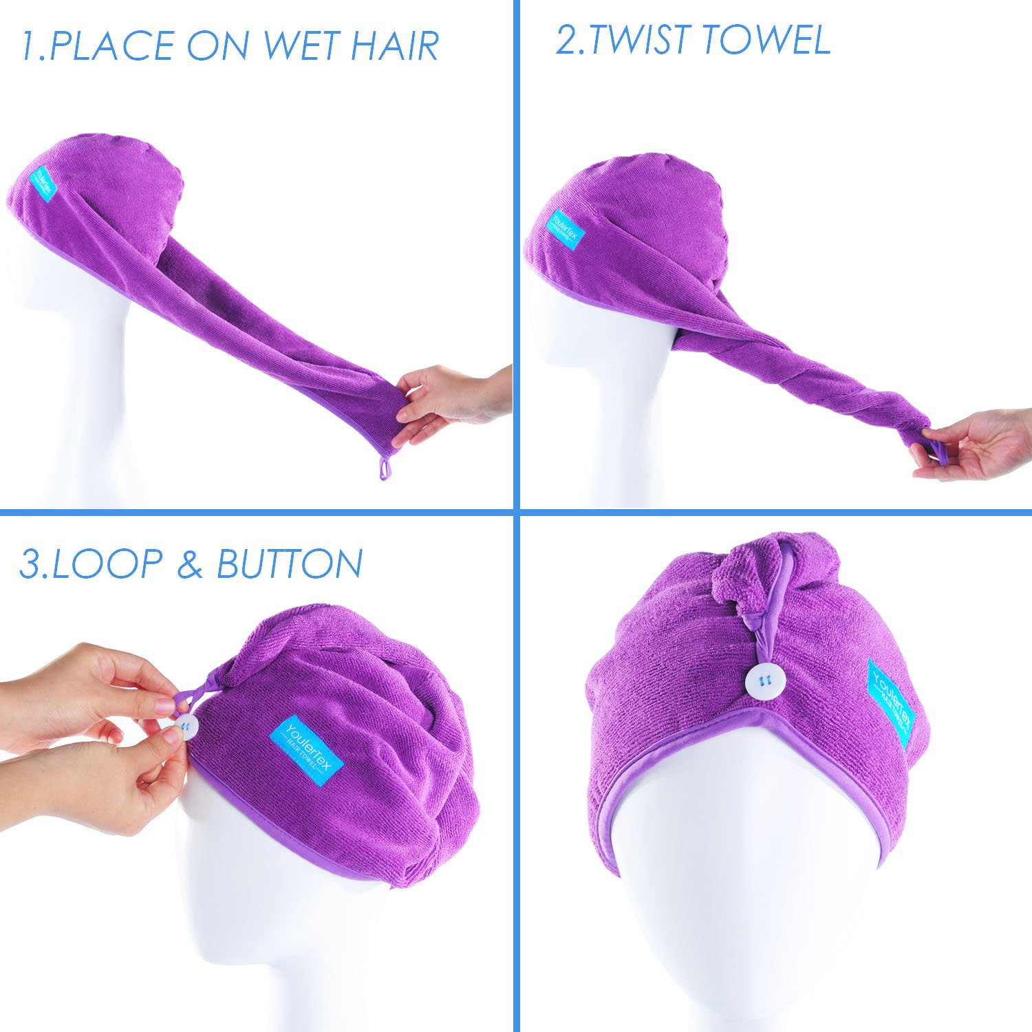 YoulerTex Microfiber Hair Towel Wrap for Women, 2 Pack 10 inch X 26 inch, Super Absorbent Quick Dry Hair Turban for Drying Curly, Long, Thick Hair(Purple+Gray) … : Beauty