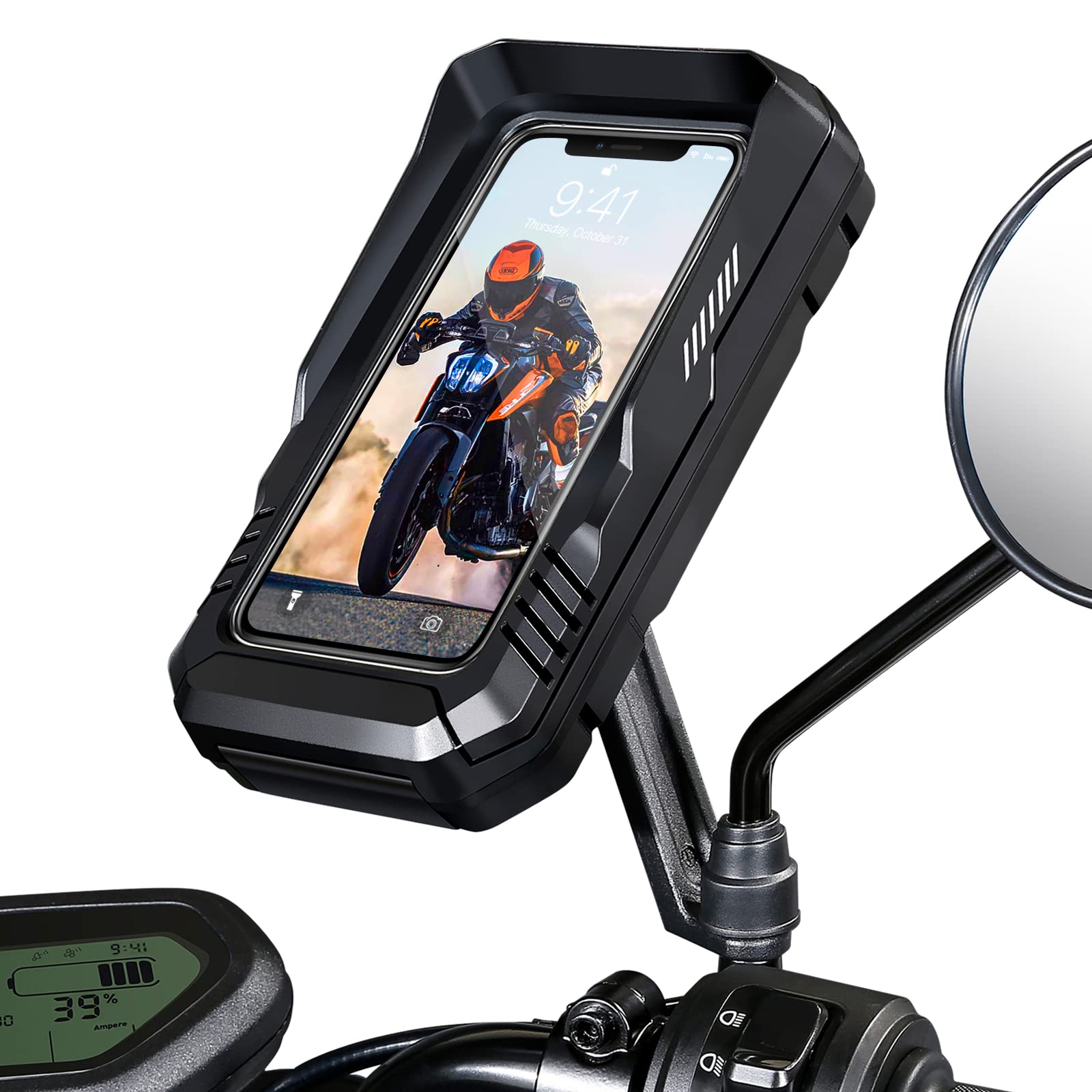 BTNEEU Motorcycle Phone Mount Waterproof 360° Rotatable Motorbike Phone Holder with Touch Screen Sun Visor Anti-Shake Motorcycle Mirror Phone Holder Moped Phone Mount for Phone up to 6.7''