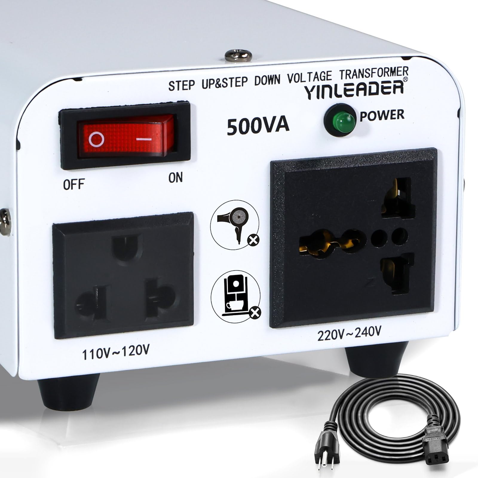 Photo 1 of Yinleader White 500W 110V to 220V Voltage Converter Transformer Step Up/Down 110-120V/220-240V w/US Power Cord
