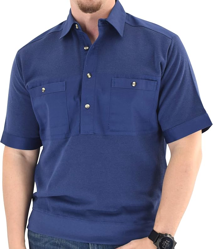 Mens Short Sleeve Solid Knit Banded Bottom Shirt with Woven Chest Panel