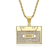 18K Gold Plated Vintage Tape Pendant Stainless Steel Rock Necklace for Men, 24 Inch Chain Hip Hop Music Cassette Jewelry Gift