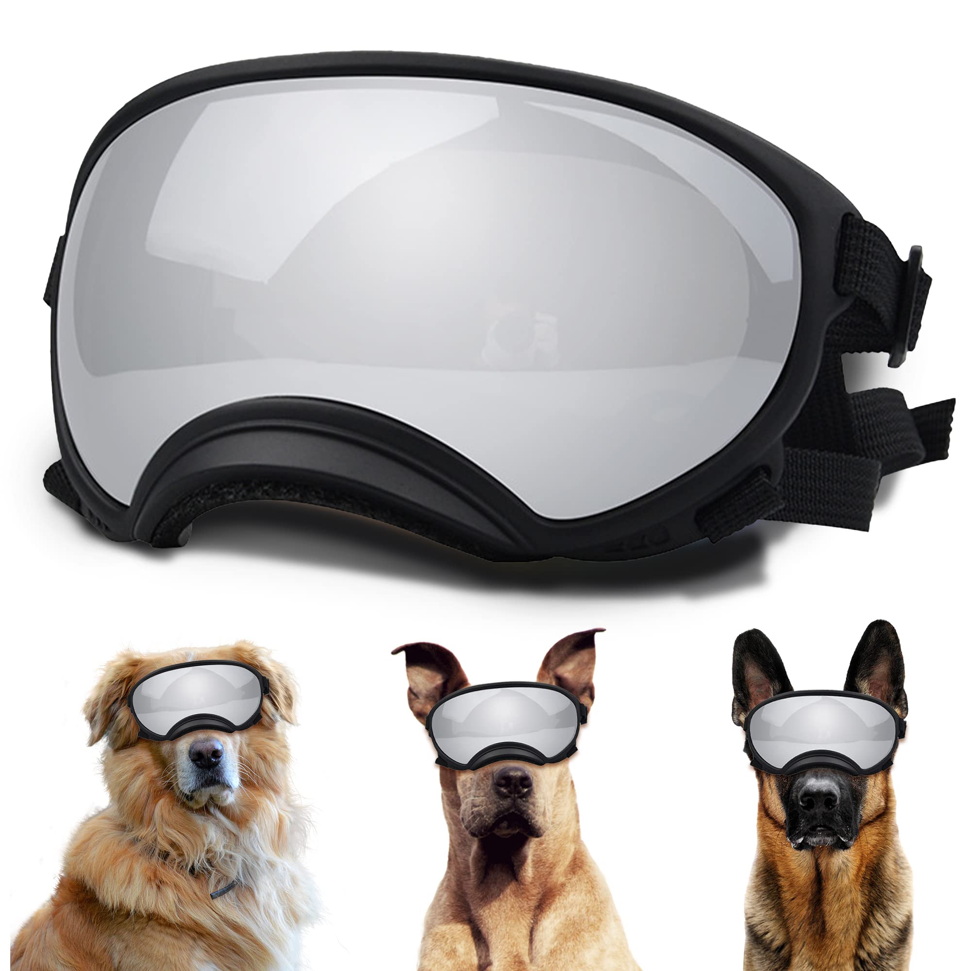 Dog Sunglasses, Dog Goggles with Adjustable Strap, UV Protection, Windproof, Suitable for Large Medium-Dogs, Dogs Eyes Protection