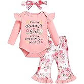 Lattlefnki Newborn Baby Girl Bell Bottoms Outfits Infant Baby Girl Clothes Sets Ruffle Romper + Cute Floral Pant + Headband