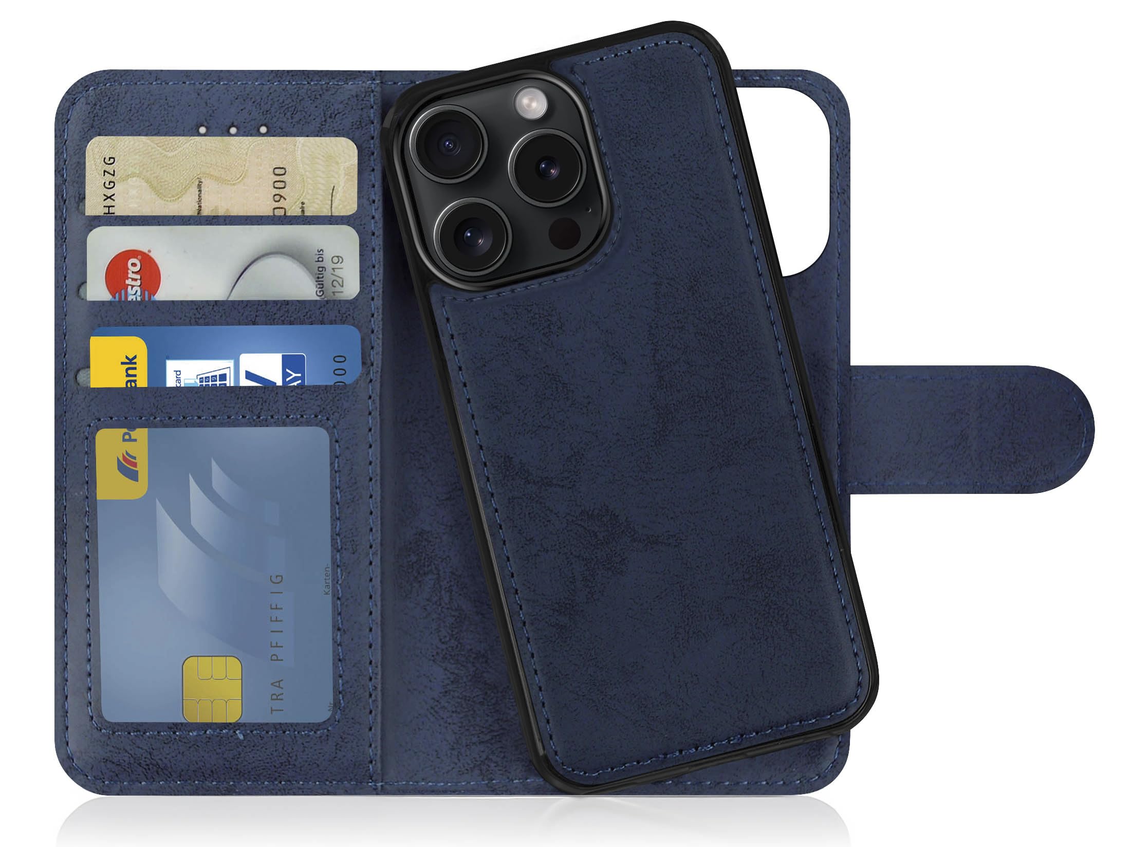 MyGadget Flip Case for iPhone 15 Pro Max - [ Removable Magnetic Cover ] - PU Leather Phone Case - [ Cover with Card Slot ] Protective Shell in Dark Blue