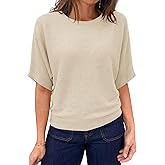 Saodimallsu Womens Short Sleeve Sweater Summer Batwing Trendy Casual Boat Neck Lightweight Loose Fitting Knit Tops