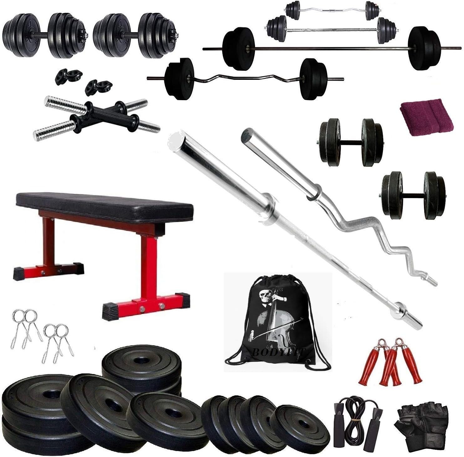 BODYFIT Home Gym Combo Flat Bench with 50 KG Weight Plates 4 RODS Home Gym Set & Fitness kit