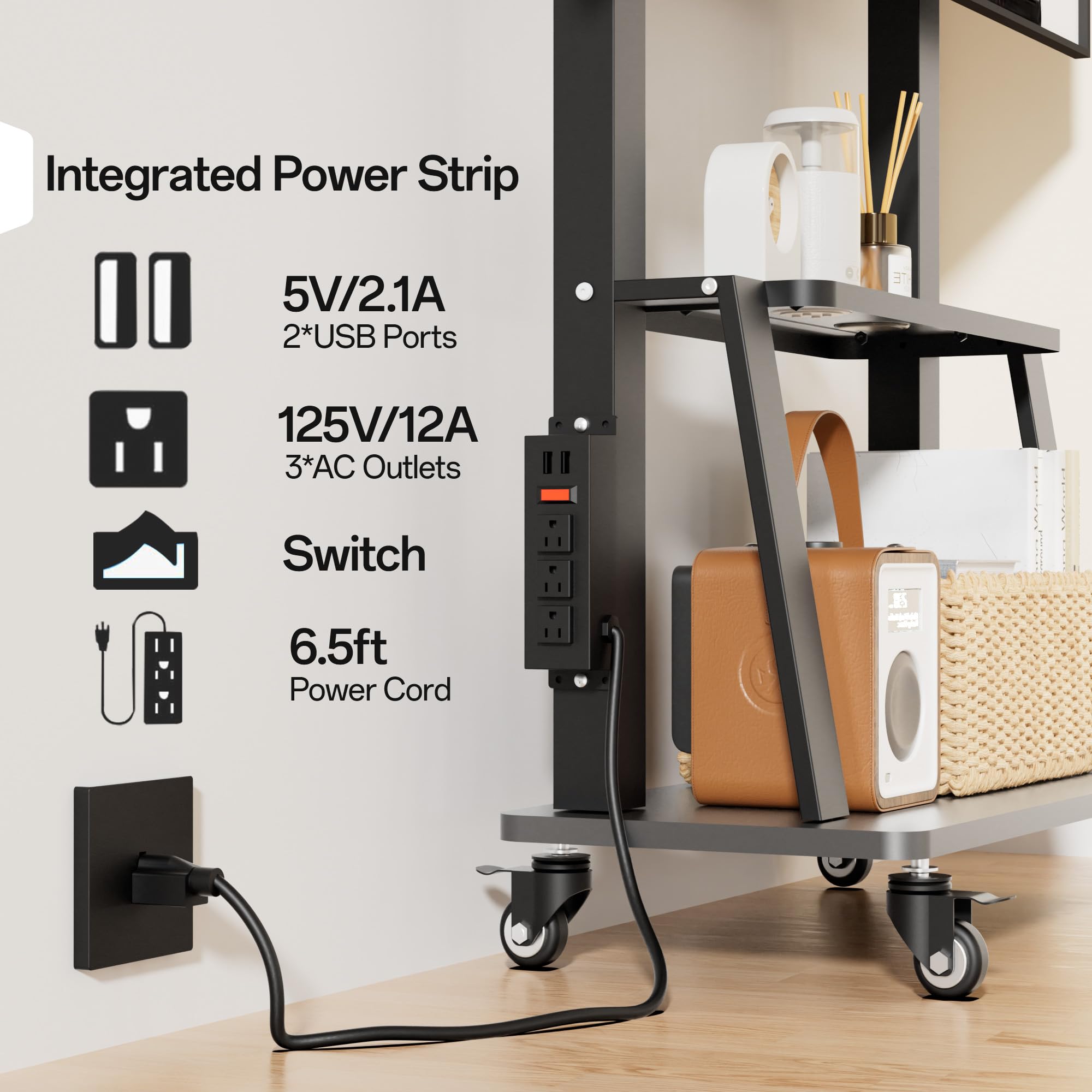 Mobile TV Stand with Power Outlet, Portable TV Stand on Wheels for 32 to 65 70 75 83 inch TV, Height Adjustable,Holds up to 130LBS, Vesa 600×400mm.