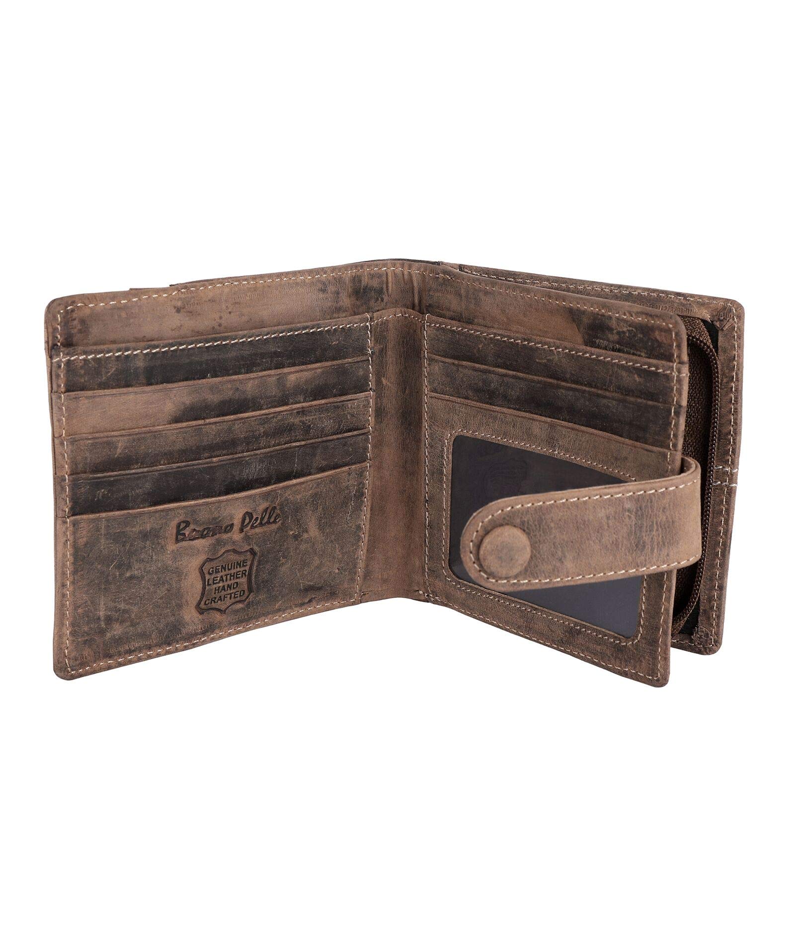 Buono Pelle Genuine Leather Wallet for Men with RFID Protection - Distressed Brown, Large Zip Coin Pocket, Gift Boxed