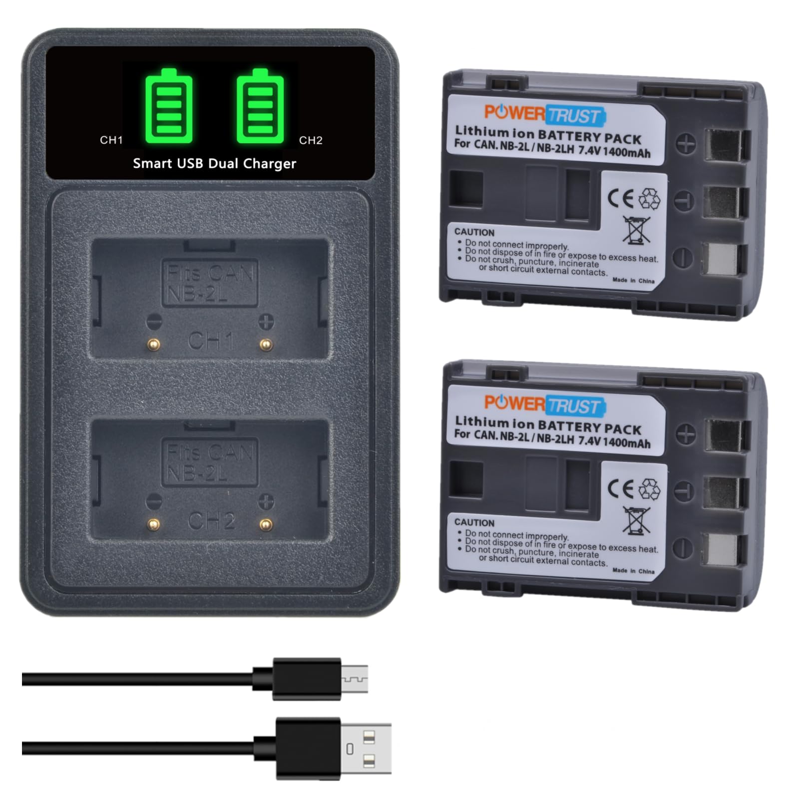 PowerTrust 2pcs NB-2L NB-2LH Battery with LED Dual Charger for Canon EOS 400D EOS 350D MD265 MV960 PowerShot G7 G9 S30 S40 S45 S50 S60 S70 S80 ZR950 ZR960 HG10 HV40 DC410 Cameras