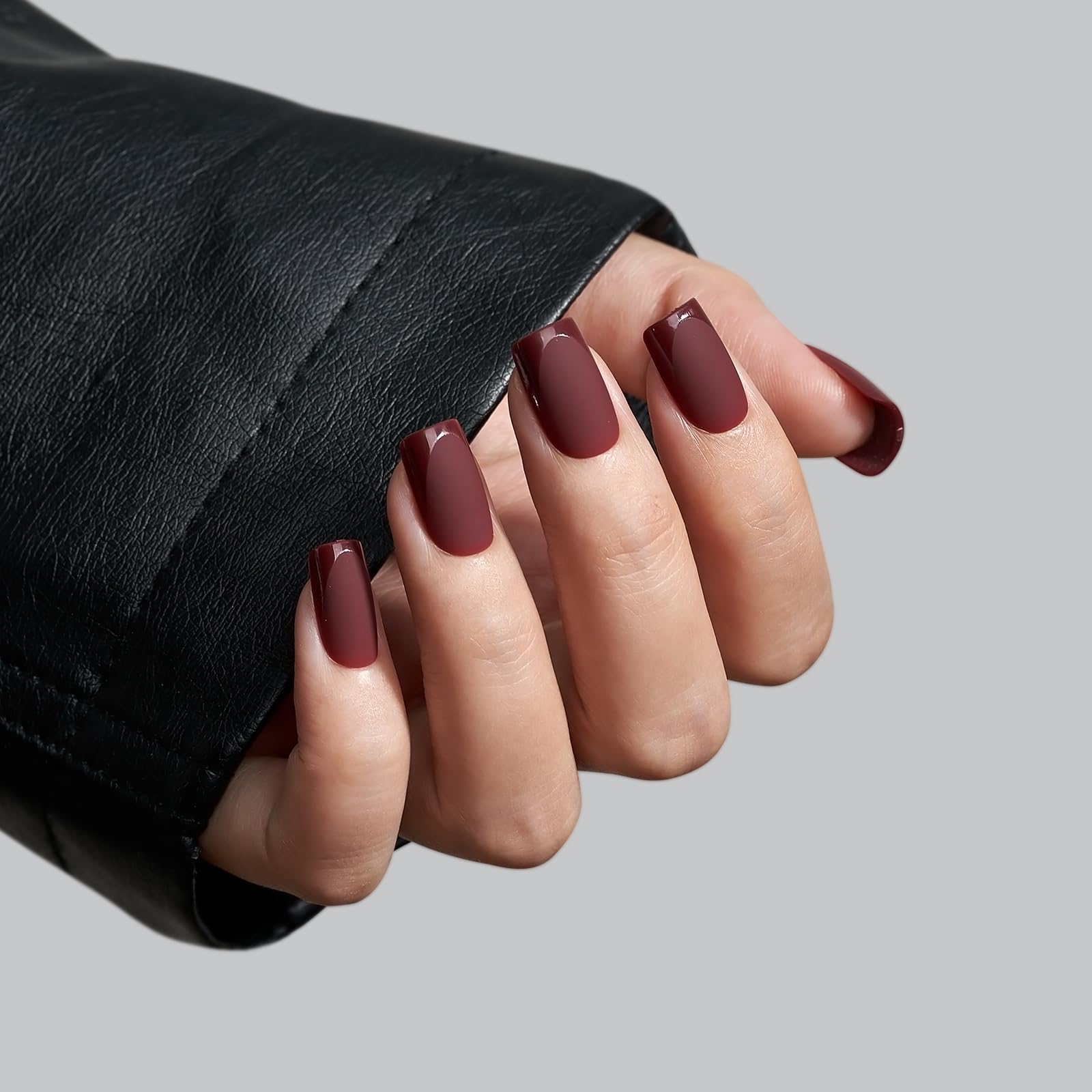 BTArtbox Press on Nails Short Square - Dark Red Nails with Glossy French Tips in a Matte Finish, Soft Gel Fake Nails Glue On Nails in 16 Sizes for for Valentine's Day Gift, Cozy Cocoa - Image 2