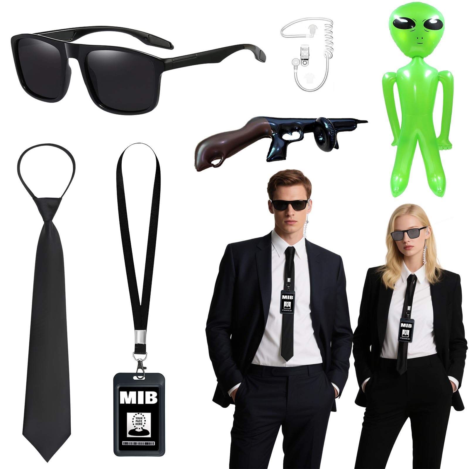 Kyndara 6Pcs Agent Costume Accessory Set, Secret Security Guard Outfit Kit with Sunglasses Headphones Ties ID Card Inflatable Props Green Aliens for Women Men Halloween MIB Cosplay Theme Party — image 1