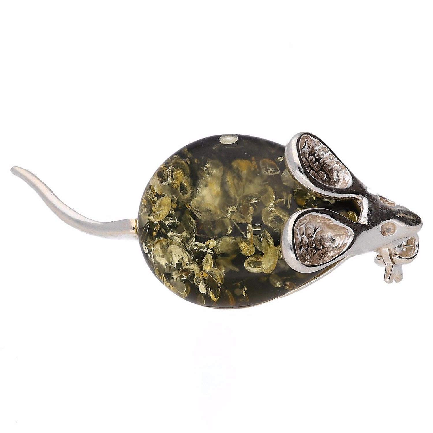 Mouse Silver Brooch Pin/Clip in Pear-Shaped Green Amber for Women - 925 Sterling Silver