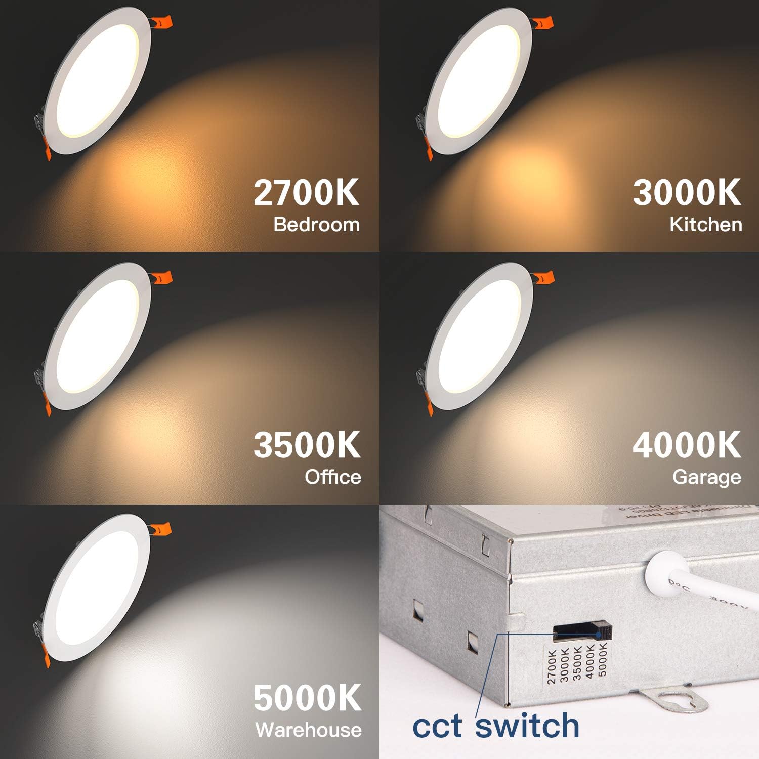 Amico 6 Pack 6 Inch 5CCT Ultra-Thin LED Recessed Ceiling Light with Junction Box, 2700K-5000K Selectable, 12W Eqv 110W, Dimmable Can-Killer Downlight, 1050LM High Brightness - ETL and Energy Star - - 