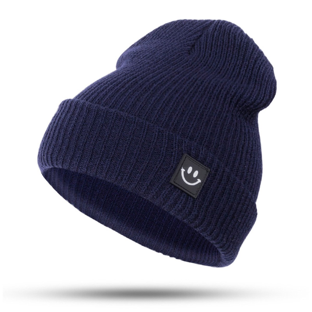 EVRFELAN Women Winter Hat Cuffed Plain Knit Beanie Cap Casual Knitted Warm Skullcap with Smile Face (Navy blue)