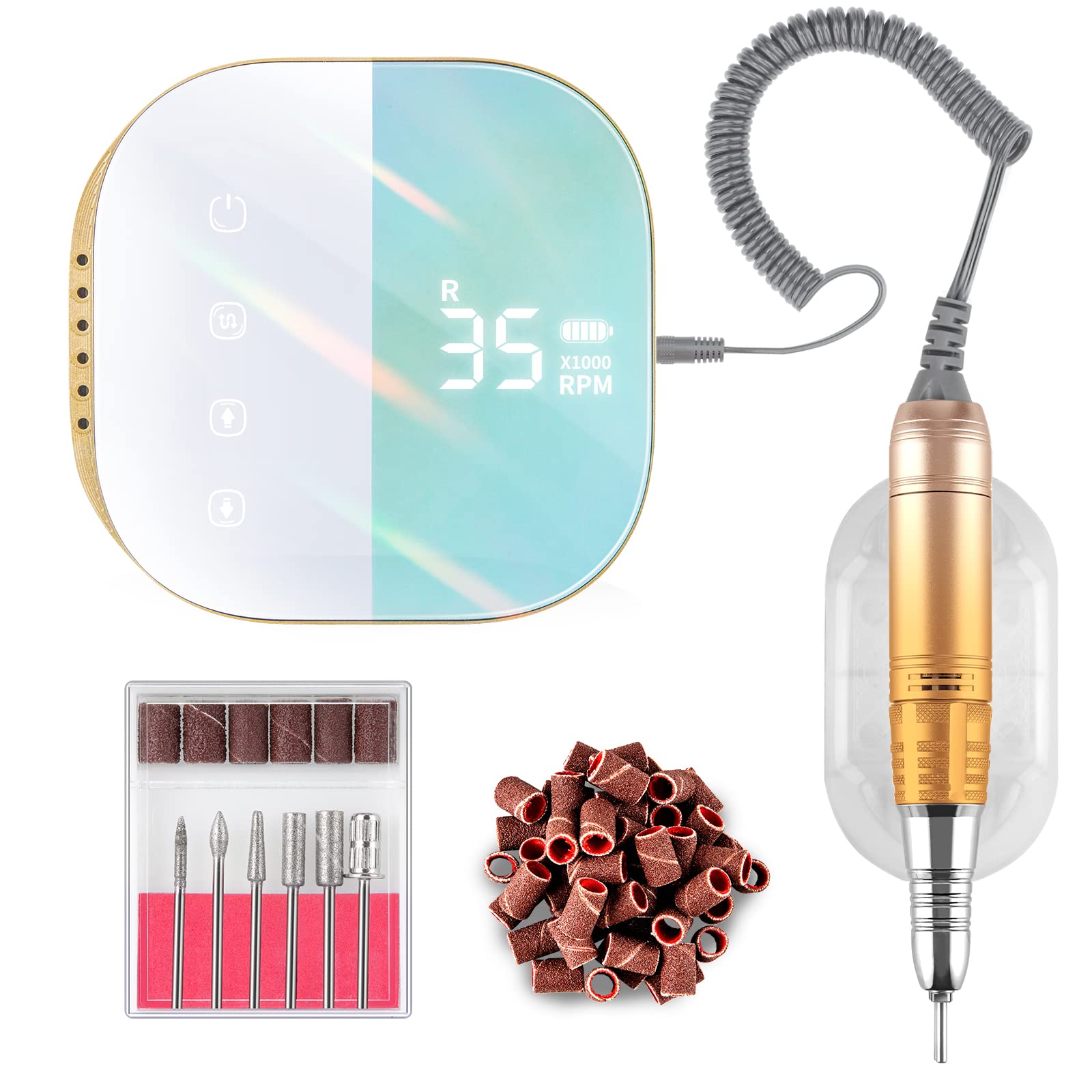 Madenia Rechargeable Electric Nail Drill Machine with LCD Touch Screen, 35000 RPM Efile Professional Nail File Drill for Arylic Gel Nails, E File Kit for Salon Home Manicure Use, Green