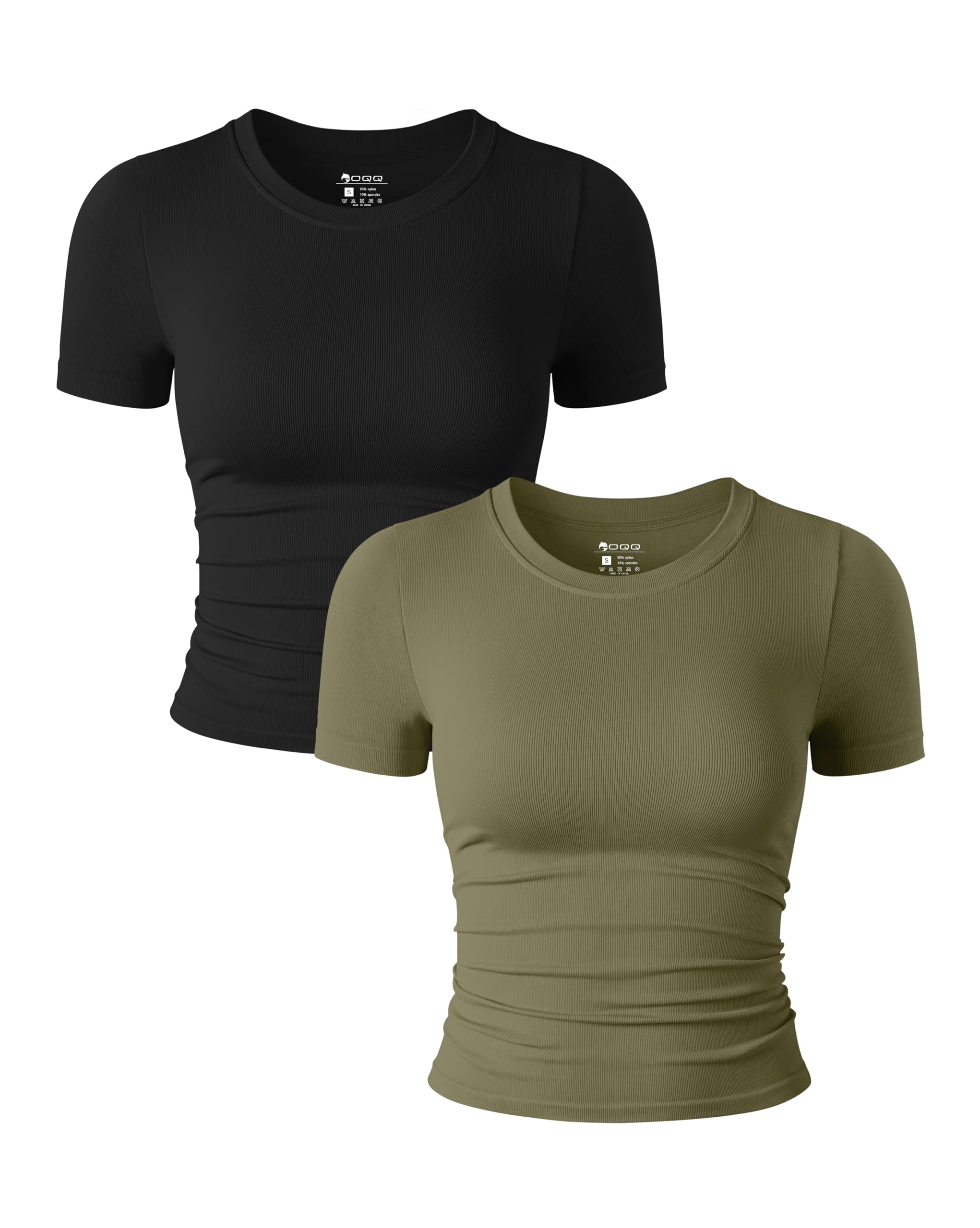 Photo 1 of OQQ Womens 2 Piece Shirts Short Sleeve Crew Neck Ruched Stretch Fitted Tee Shirts Crop Tops Black Sauerkraut