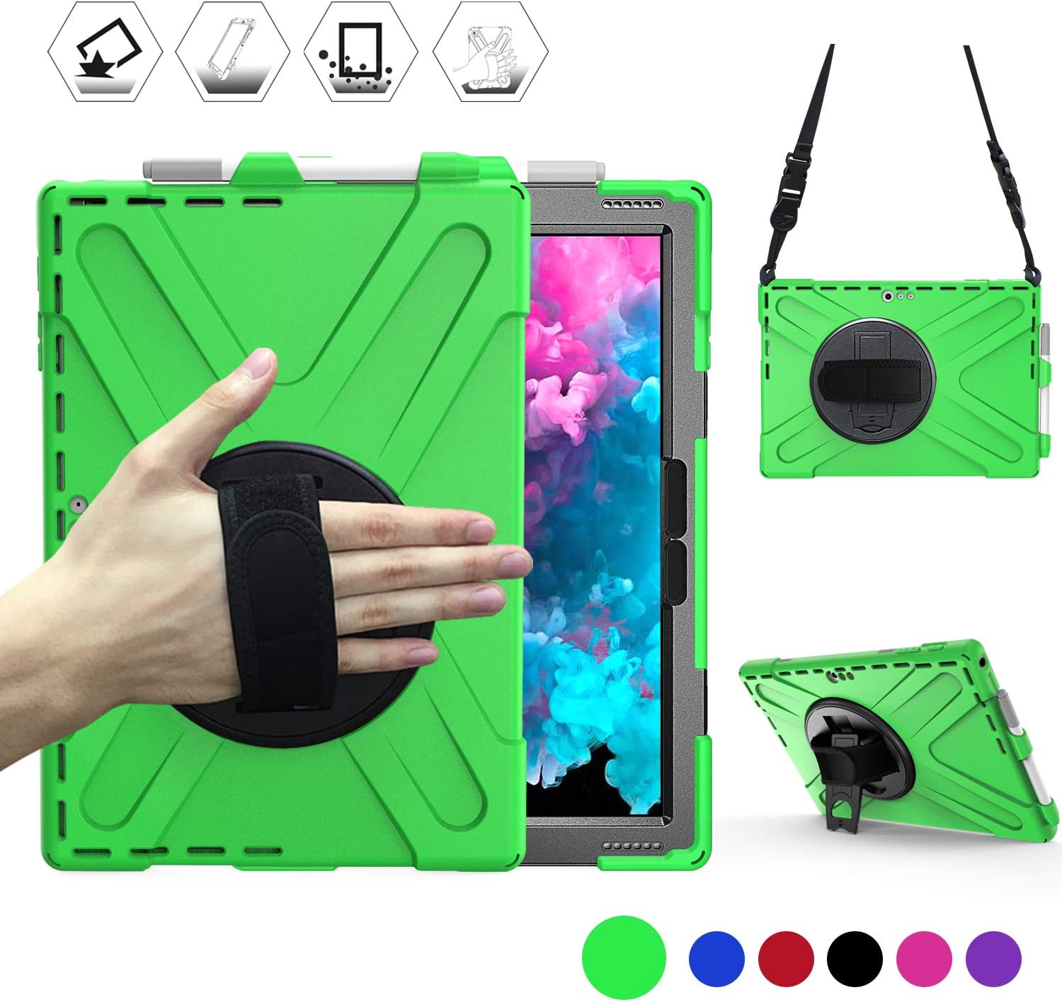 BRAECN Microsoft Surface Pro 7 Case,Surface Pro 6 Case,Surface Pro 5 Case,Surface Pro 4 Case Shockproof Rugged Protective Case with Handle/Stand/Pen Holder,Not Compatible w/Type Cover Keyboard-Green