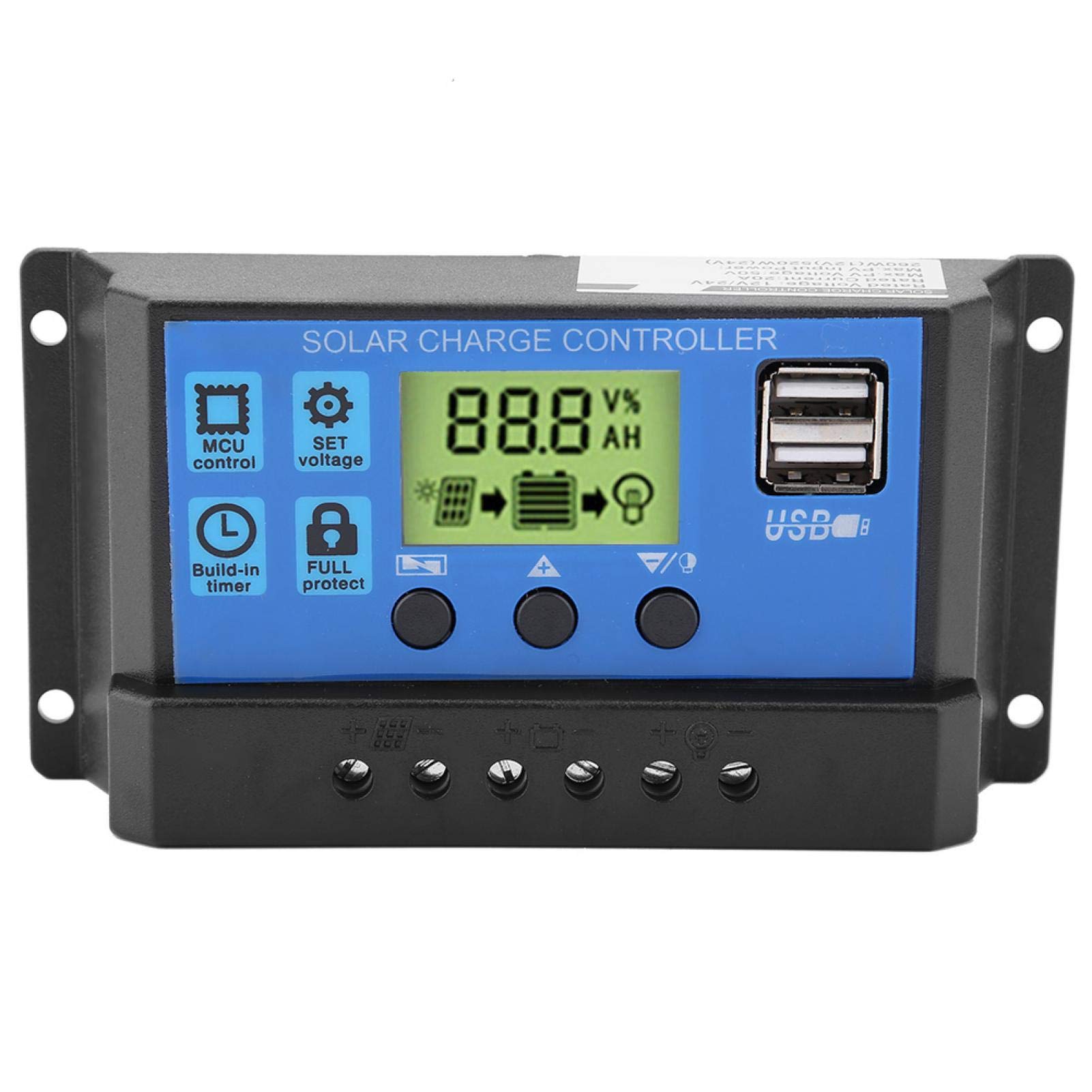 Akozon 10A Solar Controller + Solar Panel Controller, Intelligent Panel Battery Regulator PWM 12V 24V Dual USB (YJSS-10A)