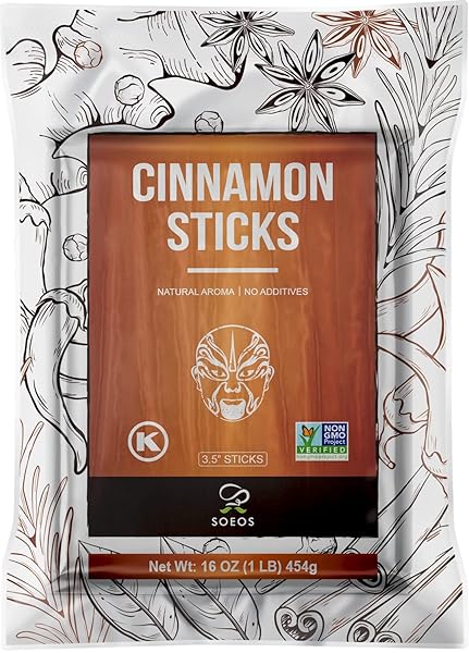 SOEOS CINNAMON STICKS, 16 OZ, CINNAMON, GROUND CINNAMON, CINNAMON STICKS, 100% RAW, NON-GMO, KOSHER CERTIFIED, CINNAMON SEASONING SPICE FOR COFFEE, BAKING, COOKING AND BEVERAGES 1 LB (454G)