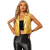 Allegra K Women's Metallic Vest Party Faux Leather Lapel Collar Zip Cropped Sleeveless Holographic Jacket