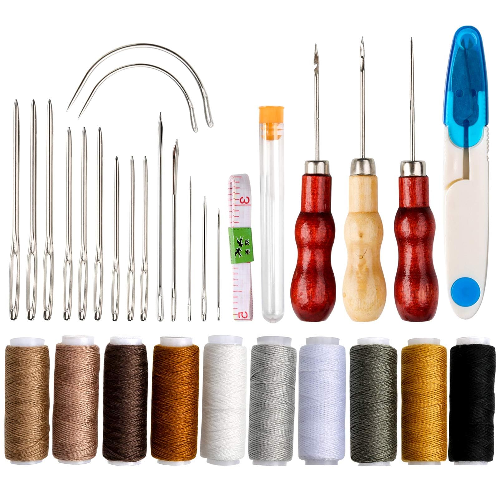 GOTRUST Leather Sewing Kit, 32pcs Upholstery Repair Tools, Leather Hand Stitching Kit, Wax Thread and Large Eye Sewing Needle Sets with Drilling Awl for Carpet Canvas, DIY Crafts
