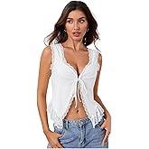 OYOANGLE Women's Going Out Top Lace Trim Front Tie Sleeveless Boho Summer Casual Crop Tank Blouse Shirt