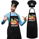 Patelai Chili Cook off Apron Waterproof Chili Cook off Champion Black Apron and Funny Chef Hat Adjustable Kitchen Cooking Hat for Men and Women