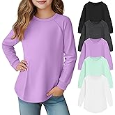 LessonZoo 5 Pack Girls' Long Sleeve Shirts Curve Hem Crewneck Tops Raglan Loose Fit Casual Kids Basic Tees Fall